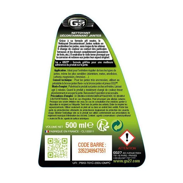 Nettoyant et décontaminant jantes 500 ml +300ml OFFERT - GS27