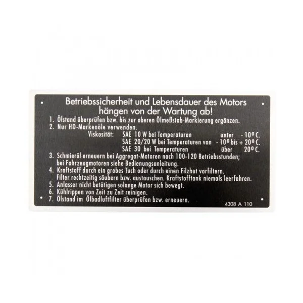 Plaque signalétique sécurité, en allemand - Deutz série D et D05